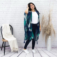 Load image into Gallery viewer, Women’s Teal &amp; Navy Open Front Kimono Cardigan with Tassel Hem One Size Fits All