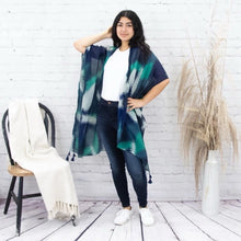Load image into Gallery viewer, Women’s Teal &amp; Navy Open Front Kimono Cardigan with Tassel Hem One Size Fits All