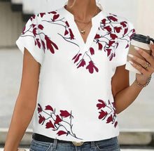 Load image into Gallery viewer, Women’s Red &amp; White Floral Print V-Neck Short Sleeve Blouse