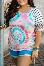 Load image into Gallery viewer, Women’s Pastel Tie-Dye Short Sleeve Top with Leopard Print Cuffs and Striped Raglan Sleeves