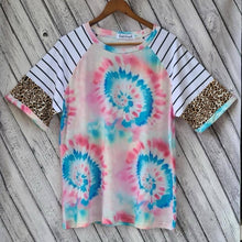 Load image into Gallery viewer, Women’s Pastel Tie-Dye Short Sleeve Top with Leopard Print Cuffs and Striped Raglan Sleeves