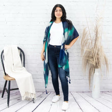 Load image into Gallery viewer, Women’s Teal &amp; Navy Open Front Kimono Cardigan with Tassel Hem One Size Fits All