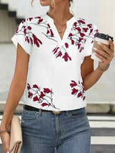 Load image into Gallery viewer, Women’s Red &amp; White Floral Print V-Neck Short Sleeve Blouse