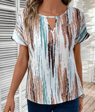 Load image into Gallery viewer, Women’s Abstract Striped Keyhole Neck Short Sleeve Blouse Top