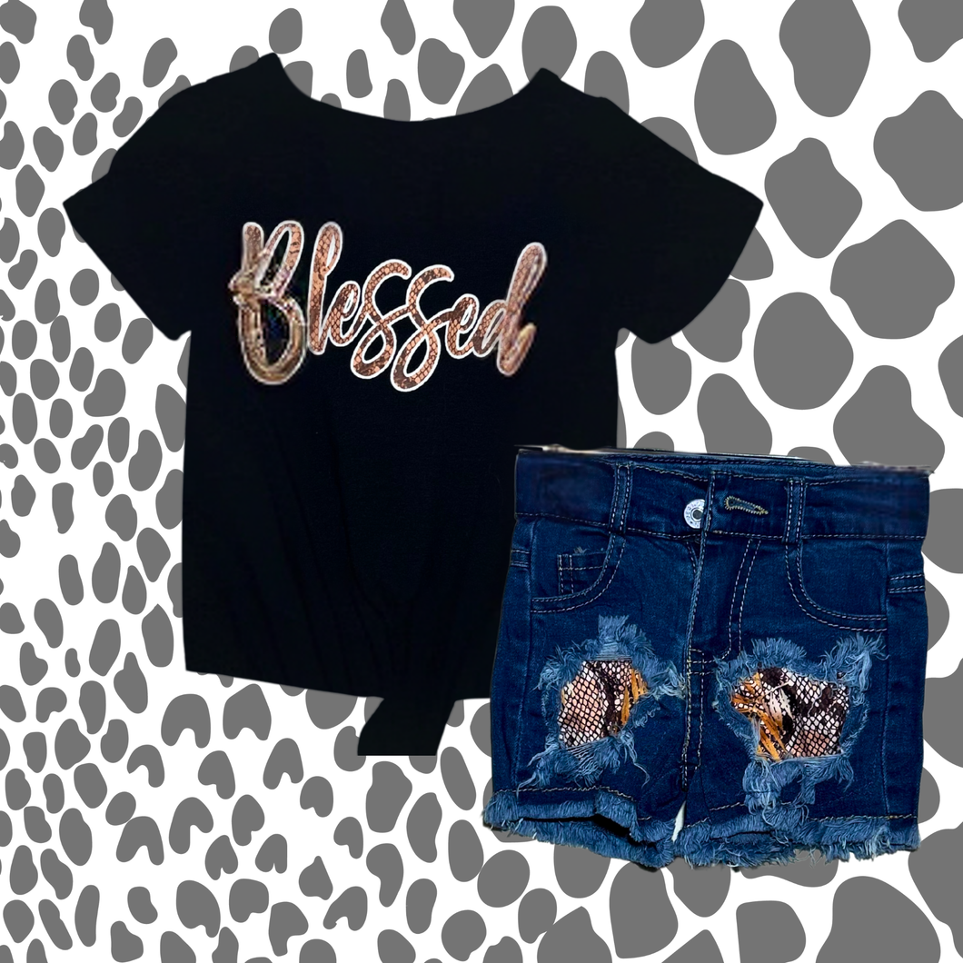 Girls’ “Blessed” Black Tee with Distressed Snake Skin Patch Denim Shorts