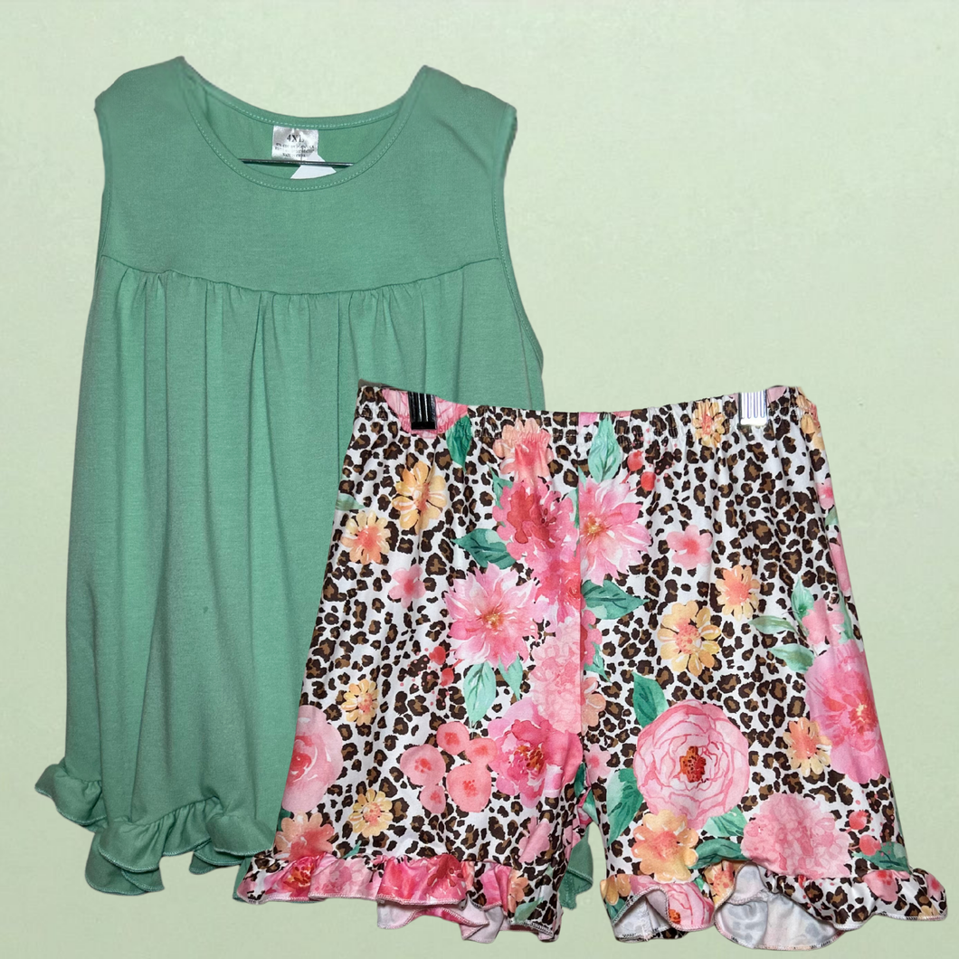Girls’ Mint Green Tank Top with Floral Leopard Print Shorts Set