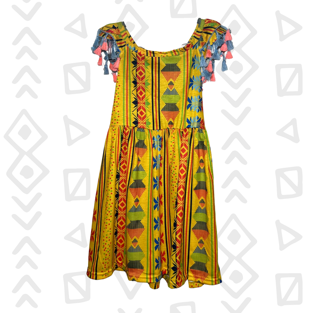 Girls’ Vibrant Tribal Print Dress with Tassel Sleeves