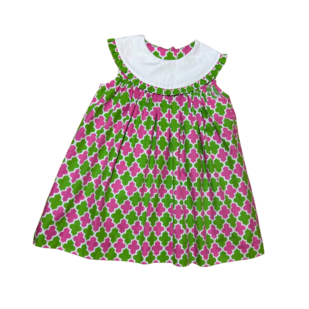 Girls’ Green and Pink Quatrefoil Print Dress
