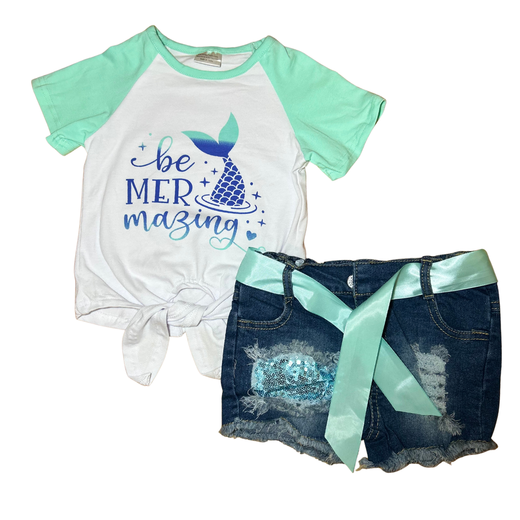 Mermaid-Themed Kids’ Tie-Front Top and Sequin Shorts Set