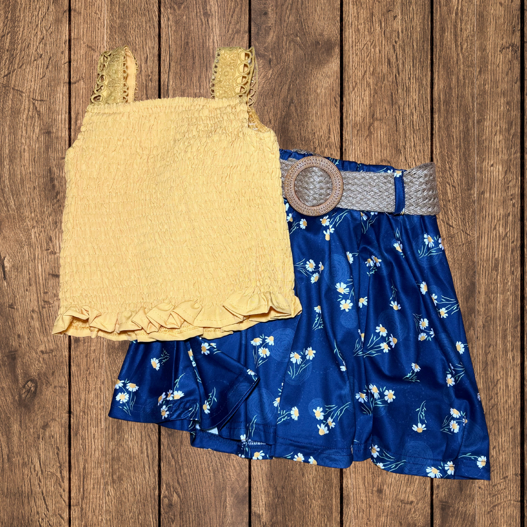 Girl’s Yellow Smocked Top with Blue Daisy Print Skirt Set