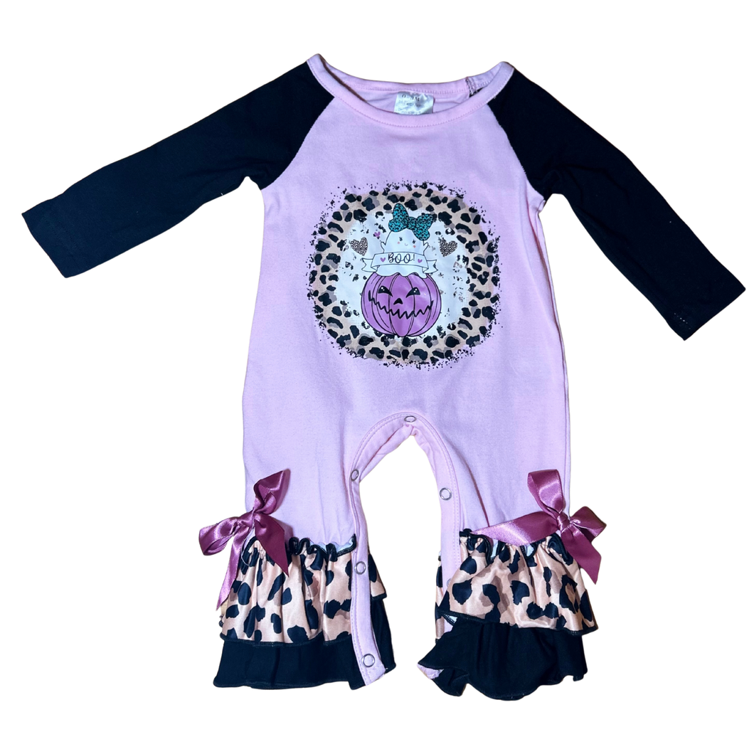 Halloween Pumpkin Onesie with Leopard Print and Bows