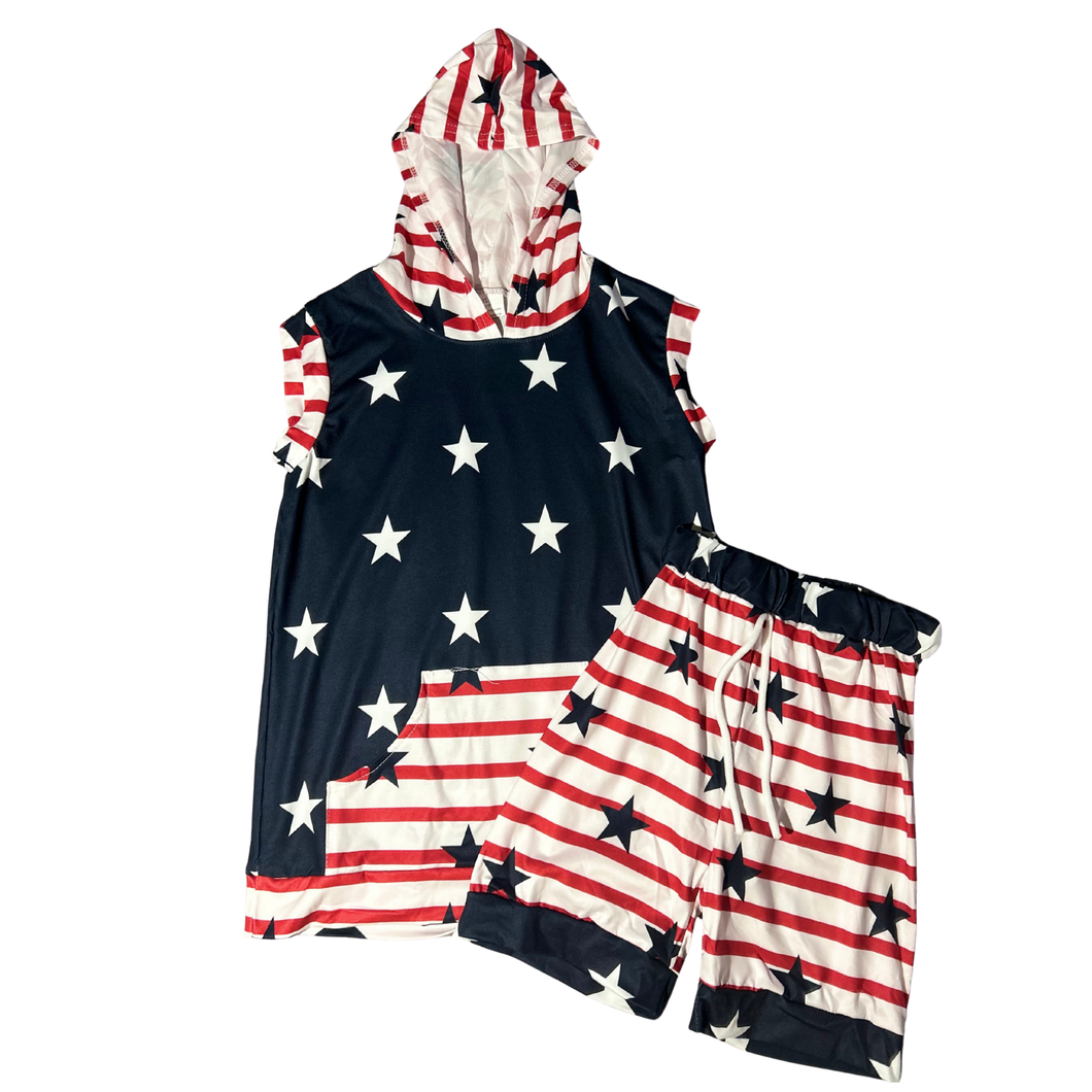 Kids Patriotic Stars & Stripes Sleeveless Hoodie and Shorts Set