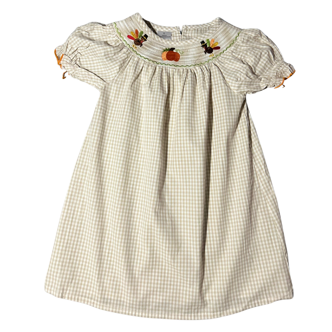 Kids’ Thanksgiving Gingham Dress with Embroidered Turkey