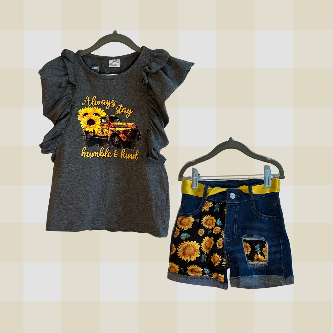 Kids’ Sunflower Truck Outfit - Gray Ruffle Top & Denim Shorts Set