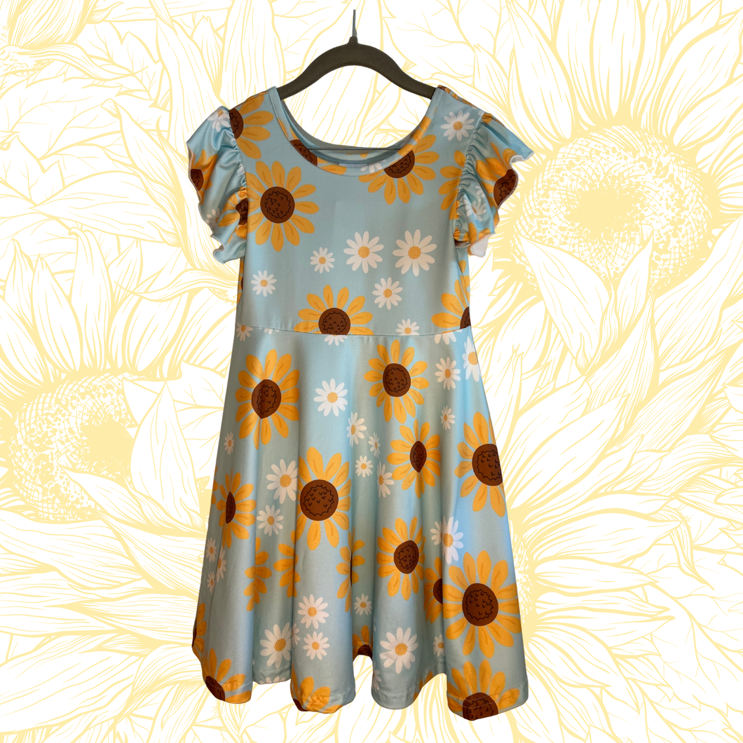 Sunflower Floral Print Girls Twirl Dress