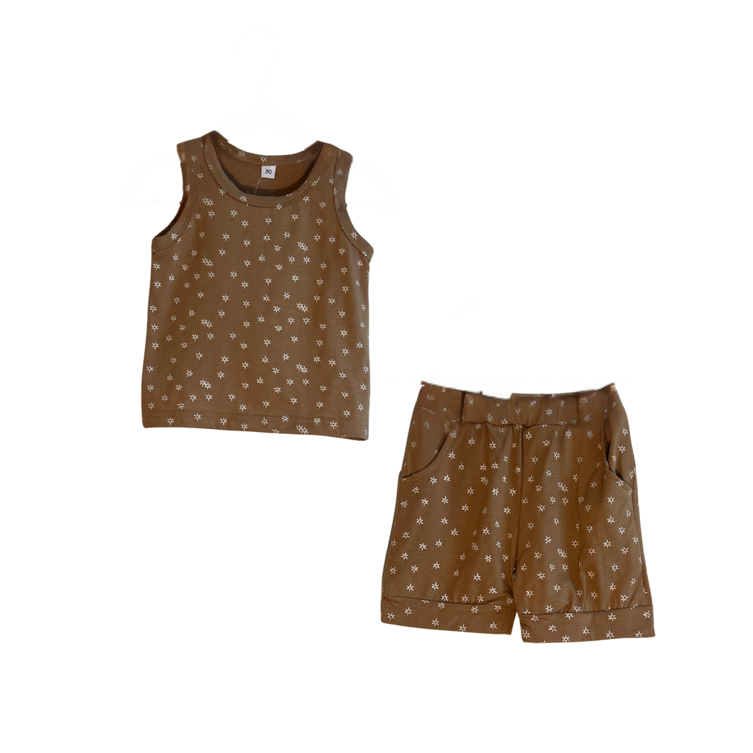 Kids’ Brown Flower Print Tank Top & Shorts Set