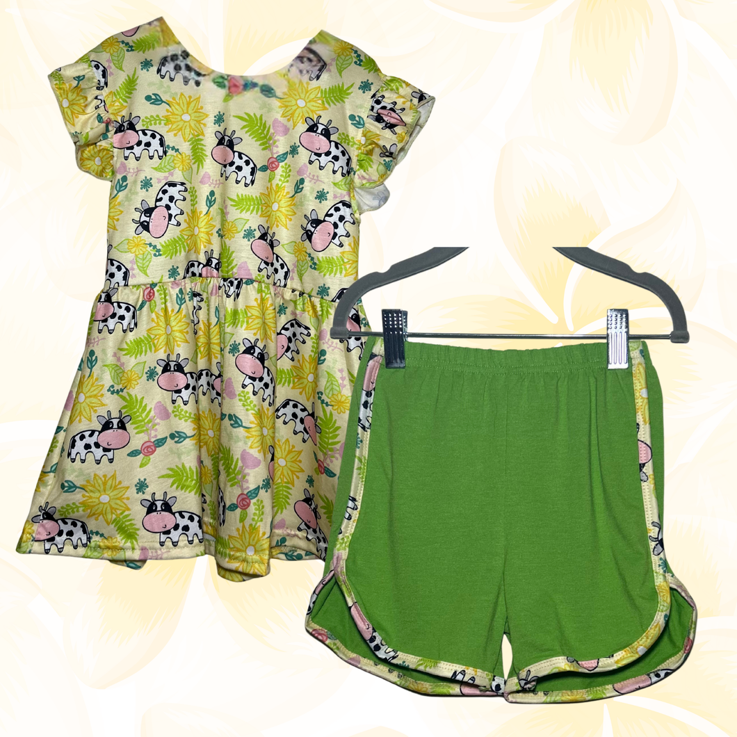 Girls’ Cow & Flower Print Dress with Green Shorts Set