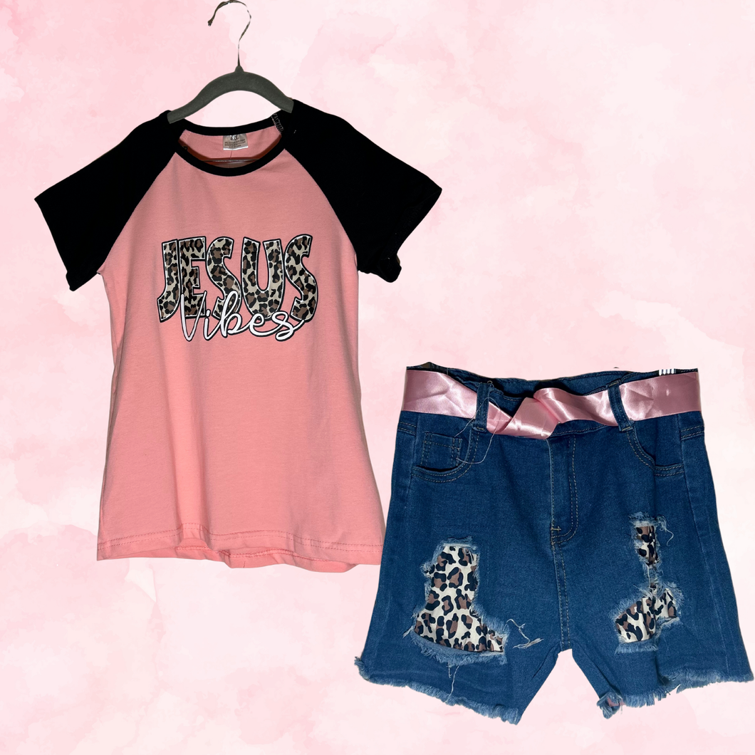 Girls’ “Jesus Vibes” Pink & Black Tee with Distressed Leopard Denim Shorts
