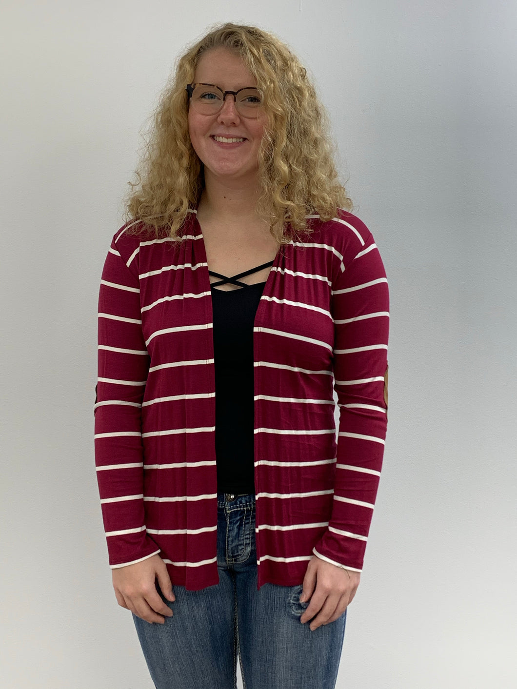 Burgundy Striped Cardigan with Patch Elbows