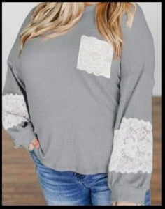 Lace Patchwork Waffle Knit Blouse