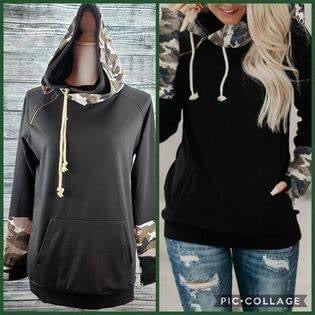 Camo Print Double Hoods Thumb Hole Hoodie