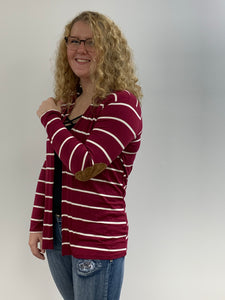 Burgundy Striped Cardigan with Patch Elbows