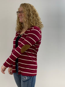 Burgundy Striped Cardigan with Patch Elbows