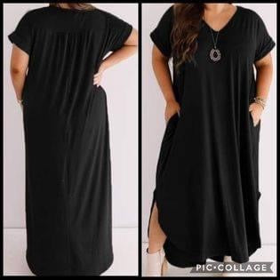 Black V Neck Short Sleeve Maxi Dress with Slits