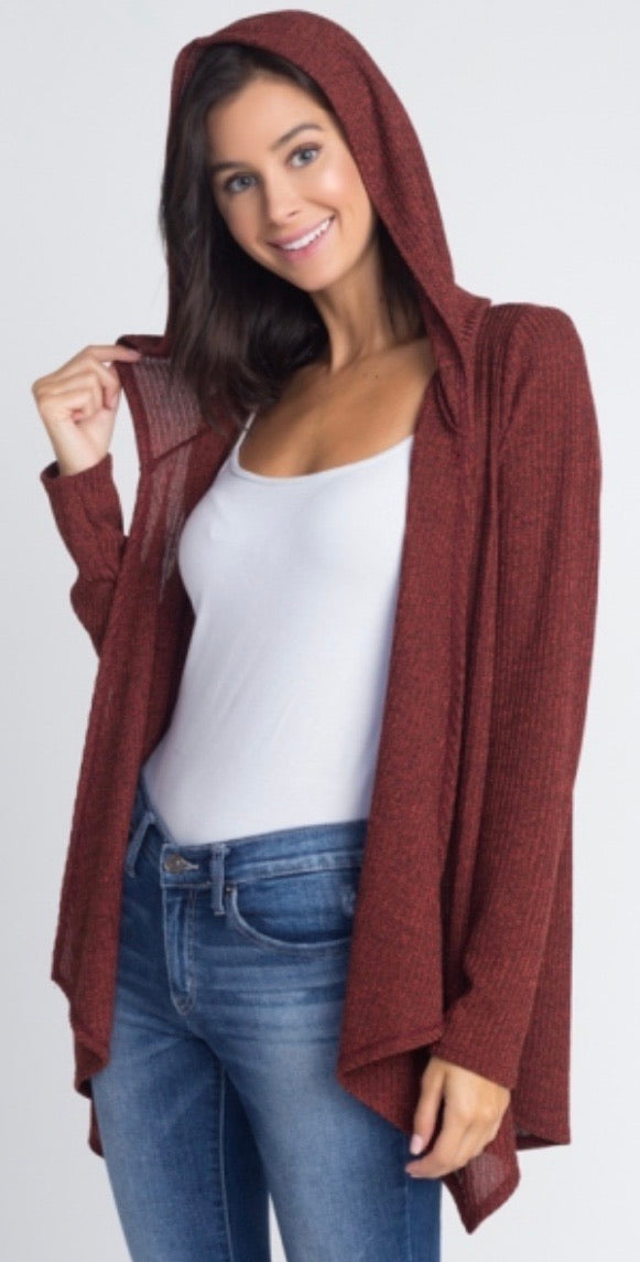 SOLID HOODED KNIT OPEN CARDIGAN